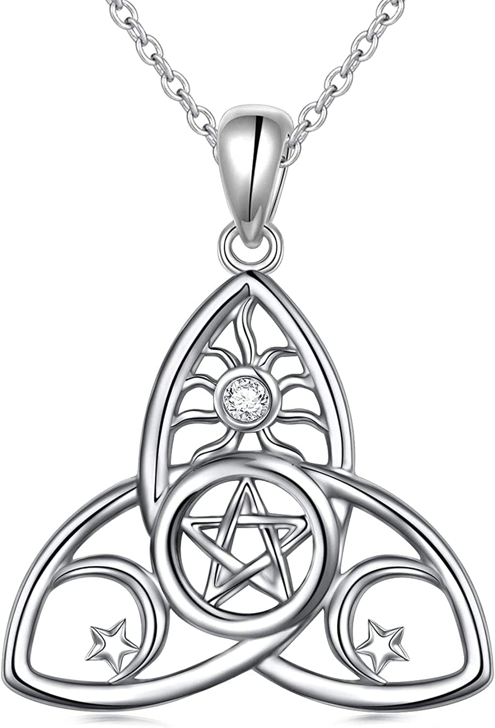 Sterling Silver Triple Moon Goddess Triquetra Pentacle Knot Necklace Pagan Wicca Pendant Necklace or Ring A-necklace