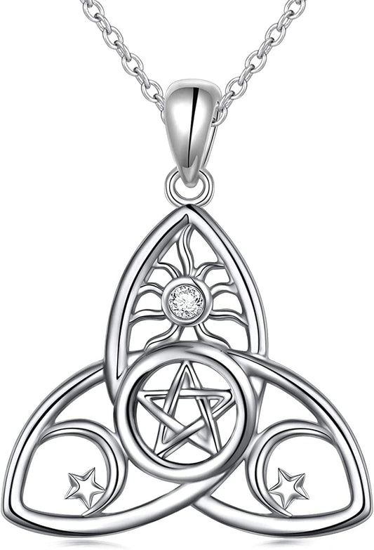 Sterling Silver Triple Moon Goddess Triquetra Pentacle Knot Necklace Pagan Wicca Pendant Necklace or Ring A-necklace