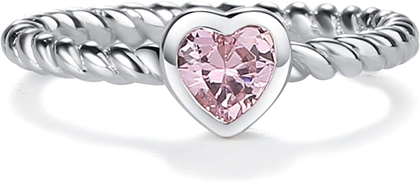 Sterling Silver Twisted Rope Band Baby Ring with Heart, Stackable or Pinky Ring Pink CZ Heart / 4
