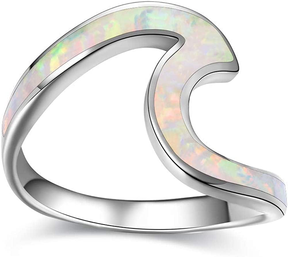 Sterling Silver Wave Ring for Women Girls, Sterling Silver Rings Band Rings with Created Opal, Cute Rings for Teen Girls, Size 5 6 7 7.5 8 8.5 9 10 White / 10