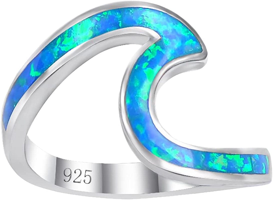 Sterling Silver Wave Ring for Women Girls, Sterling Silver Rings Band Rings with Created Opal, Cute Rings for Teen Girls, Size 5 6 7 7.5 8 8.5 9 10 Blue / 9