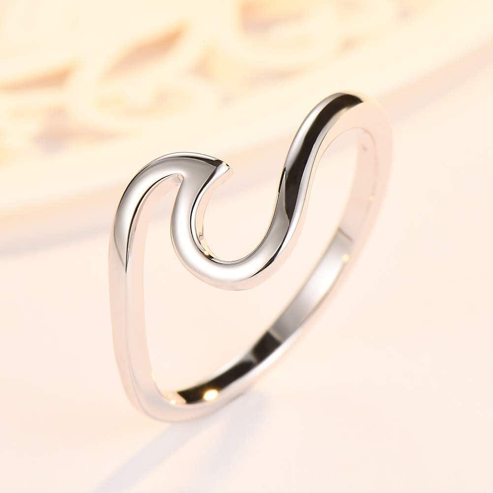 Sterling Silver Wave Ring for Women Girls, Sterling Silver Rings Band Rings with Created Opal, Cute Rings for Teen Girls, Size 5 6 7 7.5 8 8.5 9 10