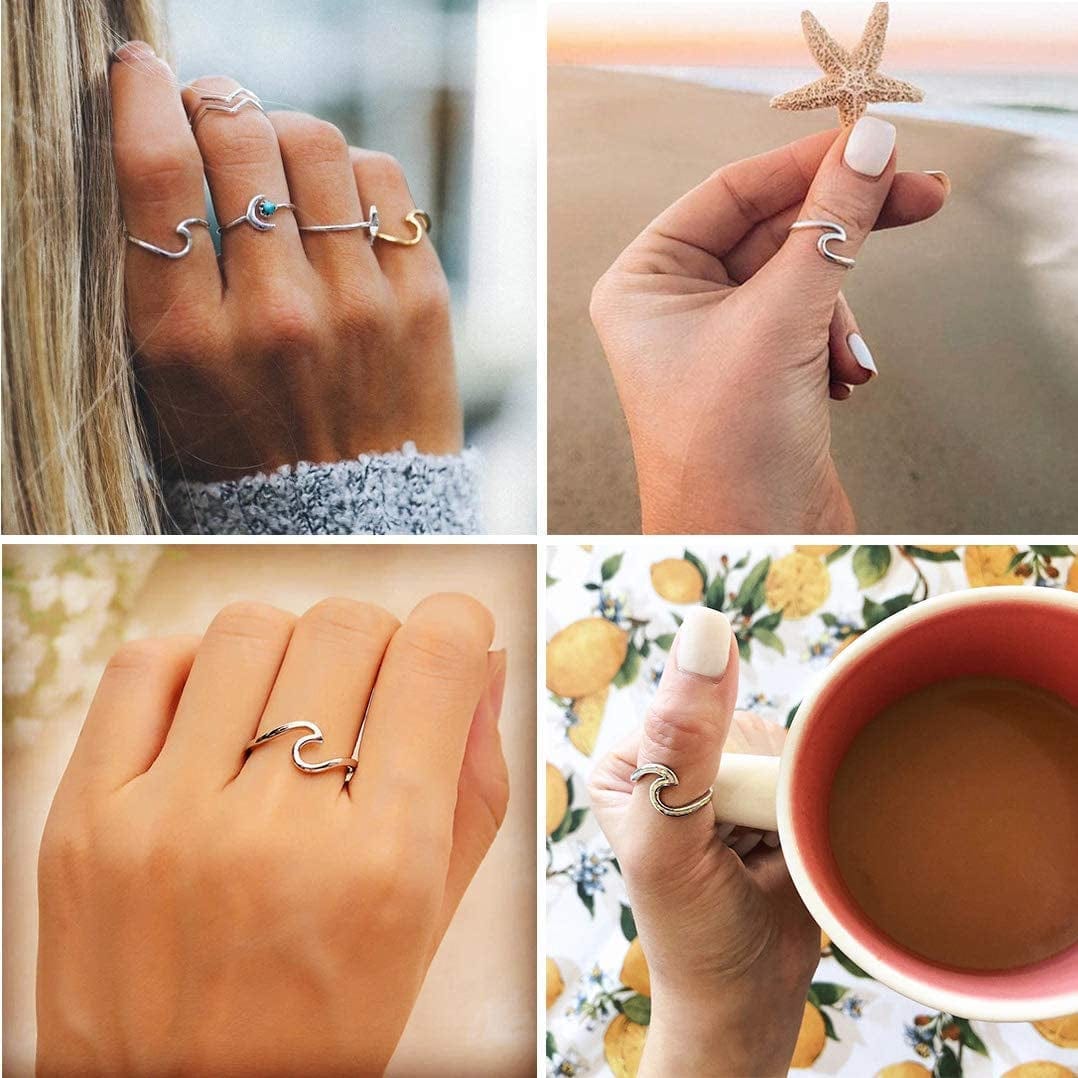 Sterling Silver Wave Ring for Women Girls, Sterling Silver Rings Band Rings with Created Opal, Cute Rings for Teen Girls, Size 5 6 7 7.5 8 8.5 9 10
