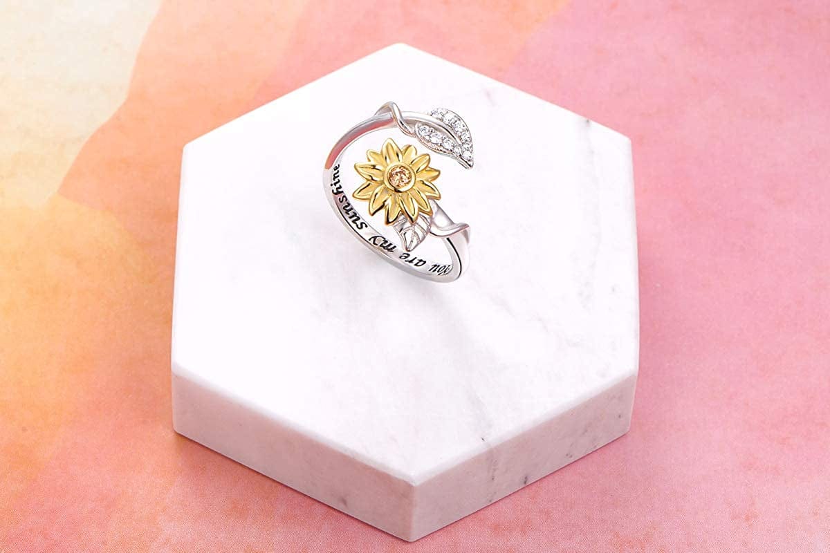 Sterling Silver You Are My Sunshine Sunflower CZ Heart Ring Adjustable Size 5-9