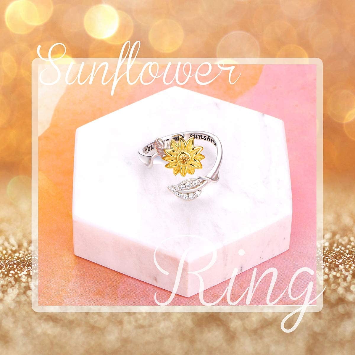 Sterling Silver You Are My Sunshine Sunflower CZ Heart Ring Adjustable Size 5-9