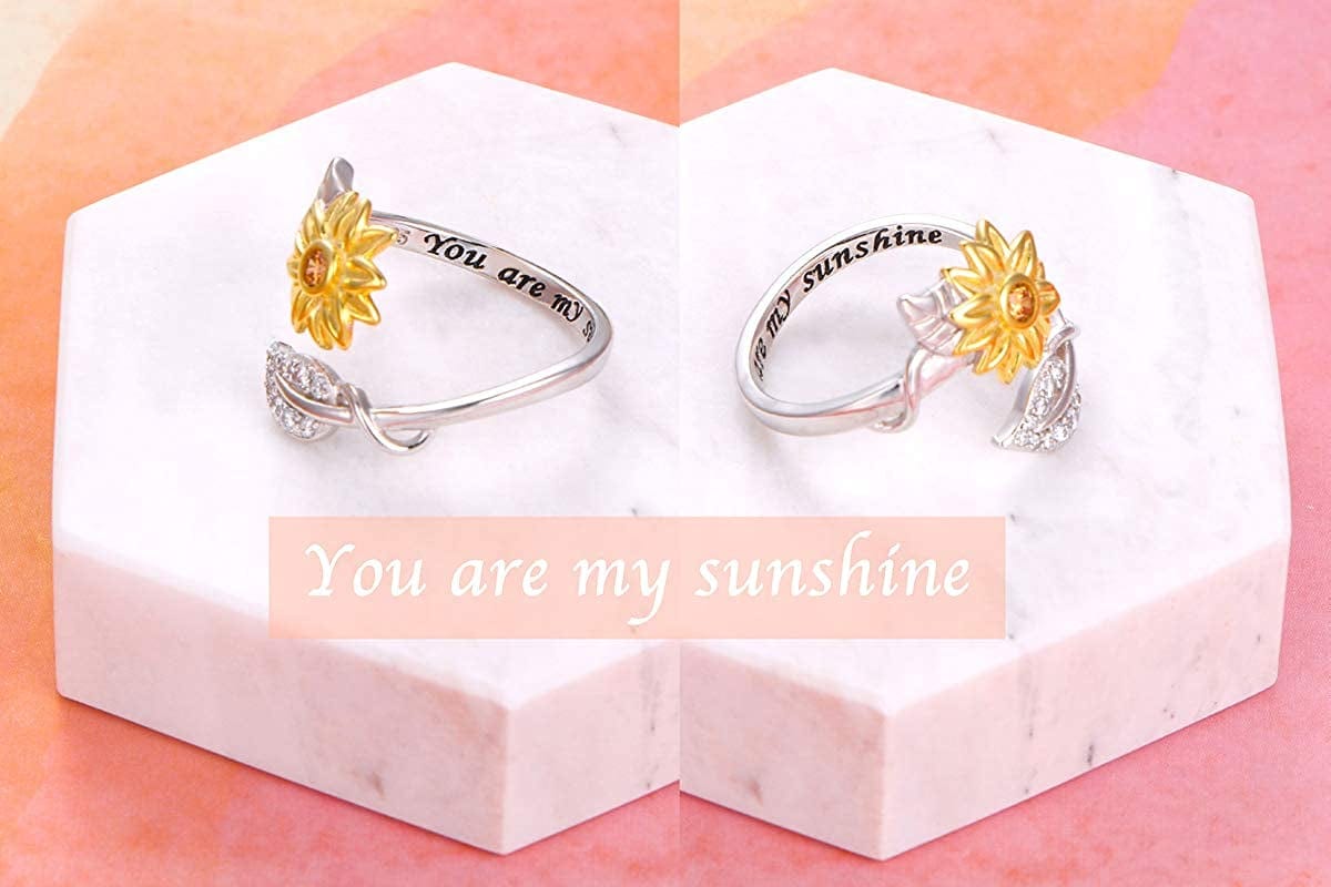 Sterling Silver You Are My Sunshine Sunflower CZ Heart Ring Adjustable Size 5-9