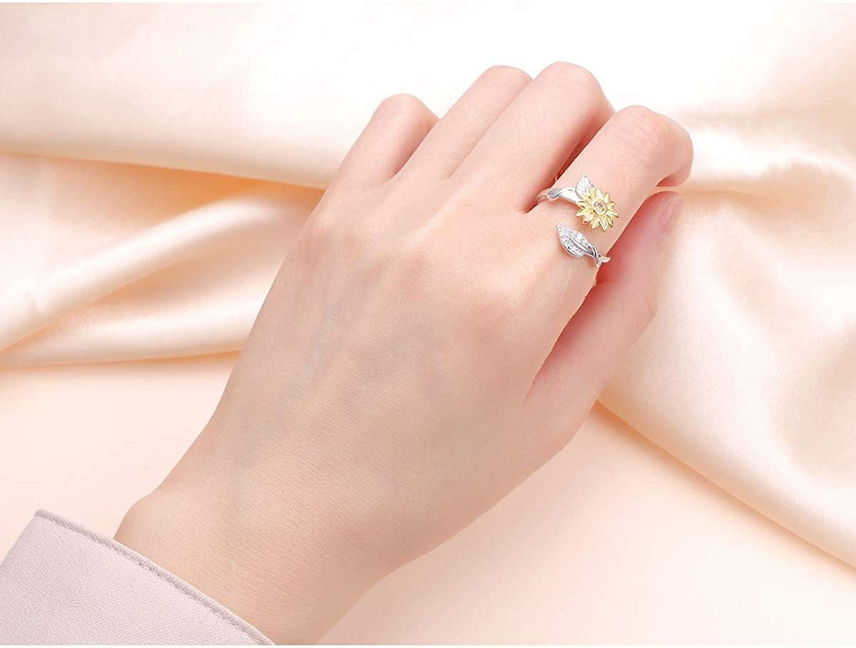 Sterling Silver You Are My Sunshine Sunflower CZ Heart Ring Adjustable Size 5-9
