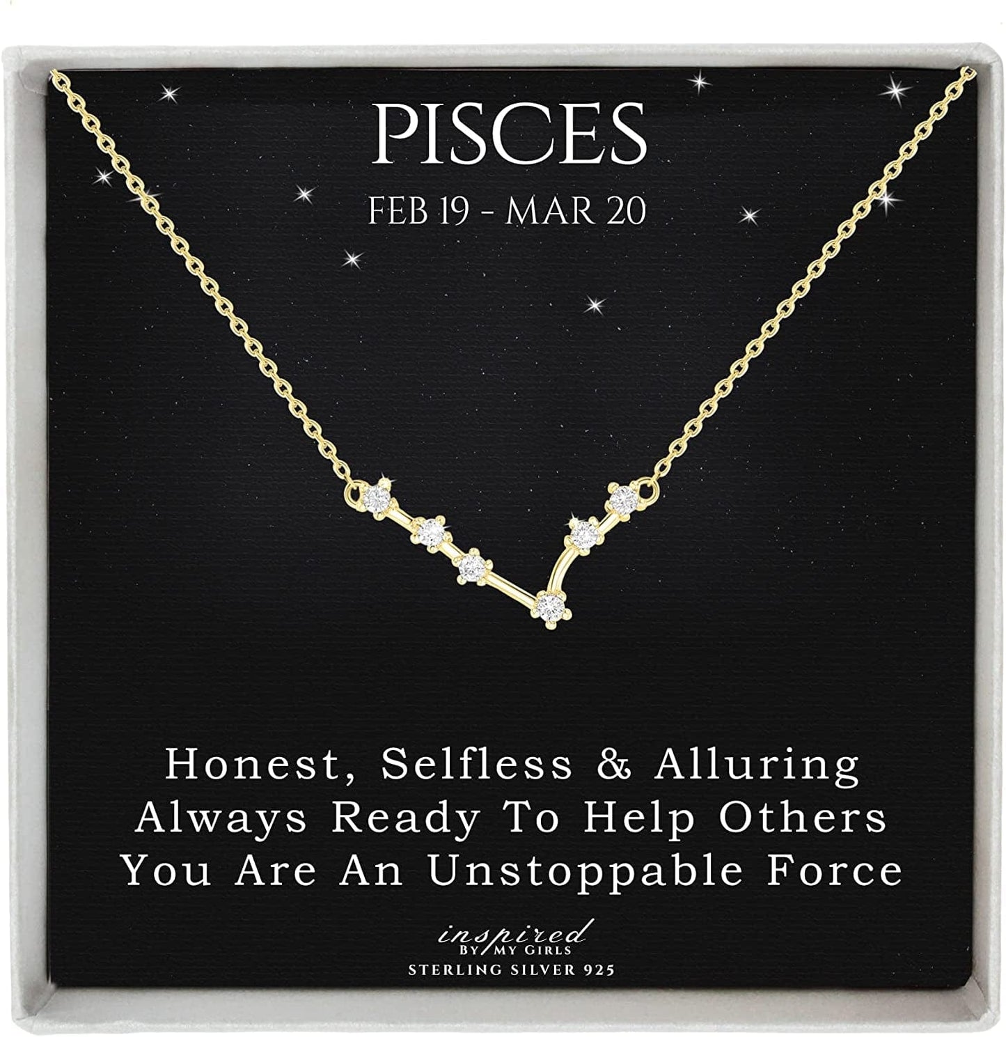 Sterling Silver Zodiac Constellation Necklace Ready to Give Gift in Keepsake Box - Choose Star Sign Pisces / Gold Plated