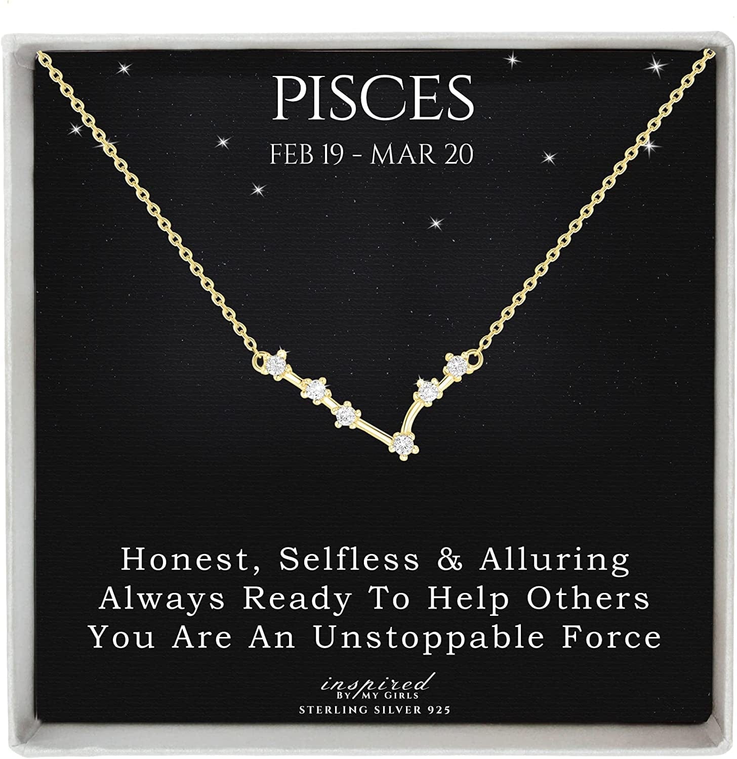 Sterling Silver Zodiac Constellation Necklace Ready to Give Gift in Keepsake Box - Choose Star Sign Pisces / Gold Plated