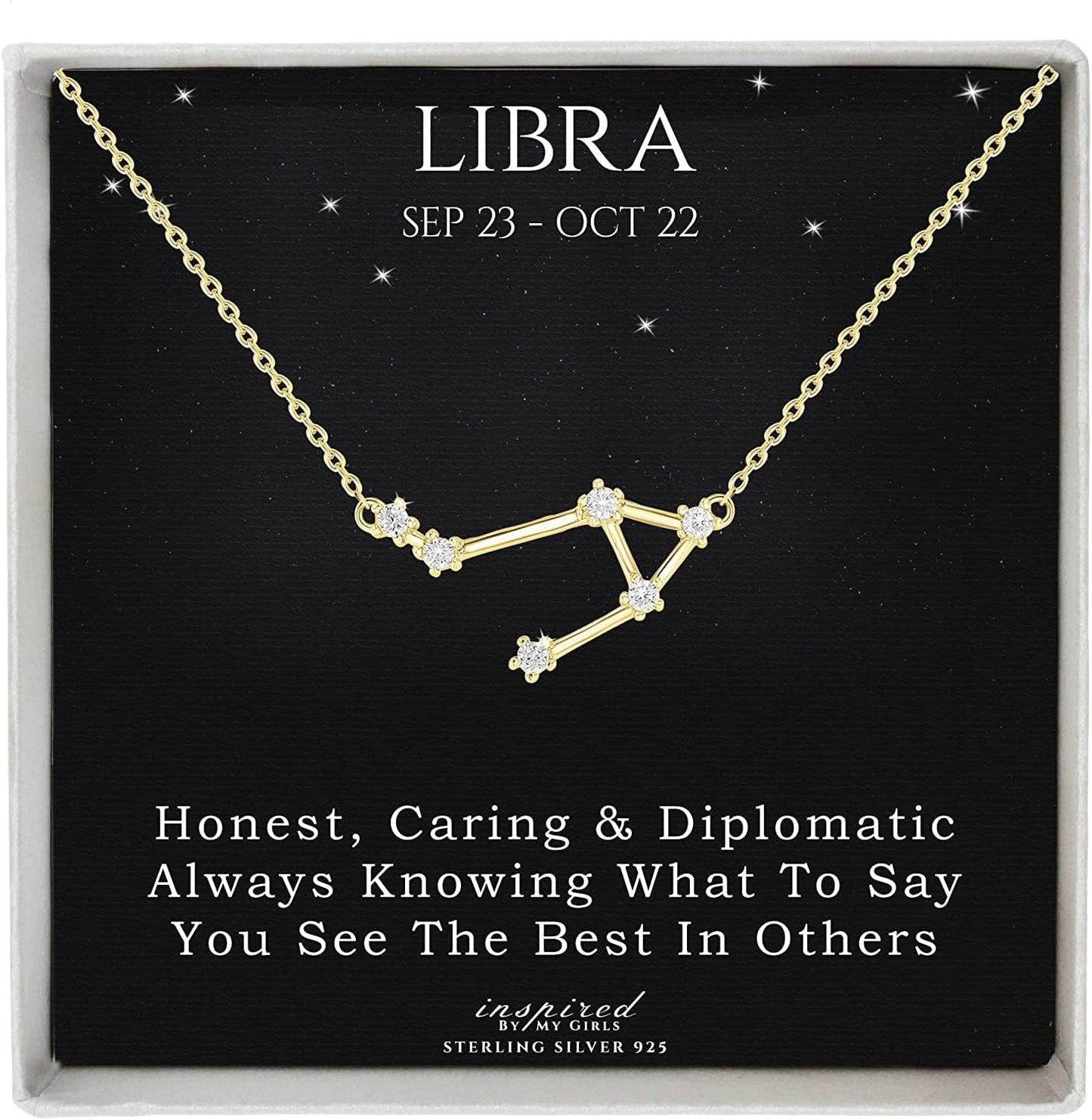 Sterling Silver Zodiac Constellation Necklace Ready to Give Gift in Keepsake Box - Choose Star Sign Libra / Gold Plated