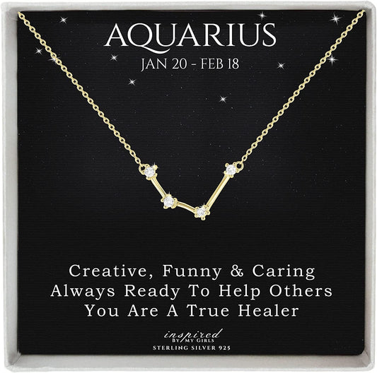Sterling Silver Zodiac Constellation Necklace Ready to Give Gift in Keepsake Box - Choose Star Sign Aquarius / Gold Plated