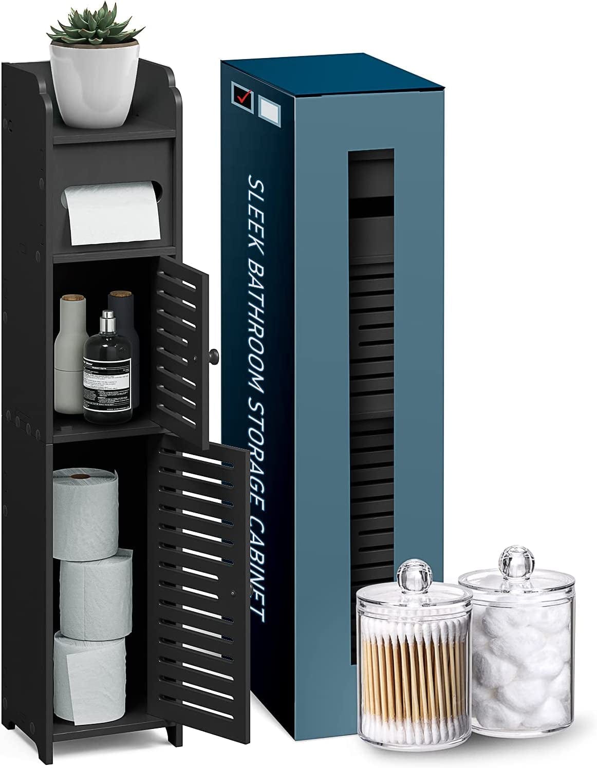 Storagebud Bathroom Storage Organizer - Floor Standing with Shelves - Includes 2 Apothecary Jars - Tall Bathroom Storage Cabinet for Toilet Paper, Towel & Other Bathroom Storage Accessories - White Black