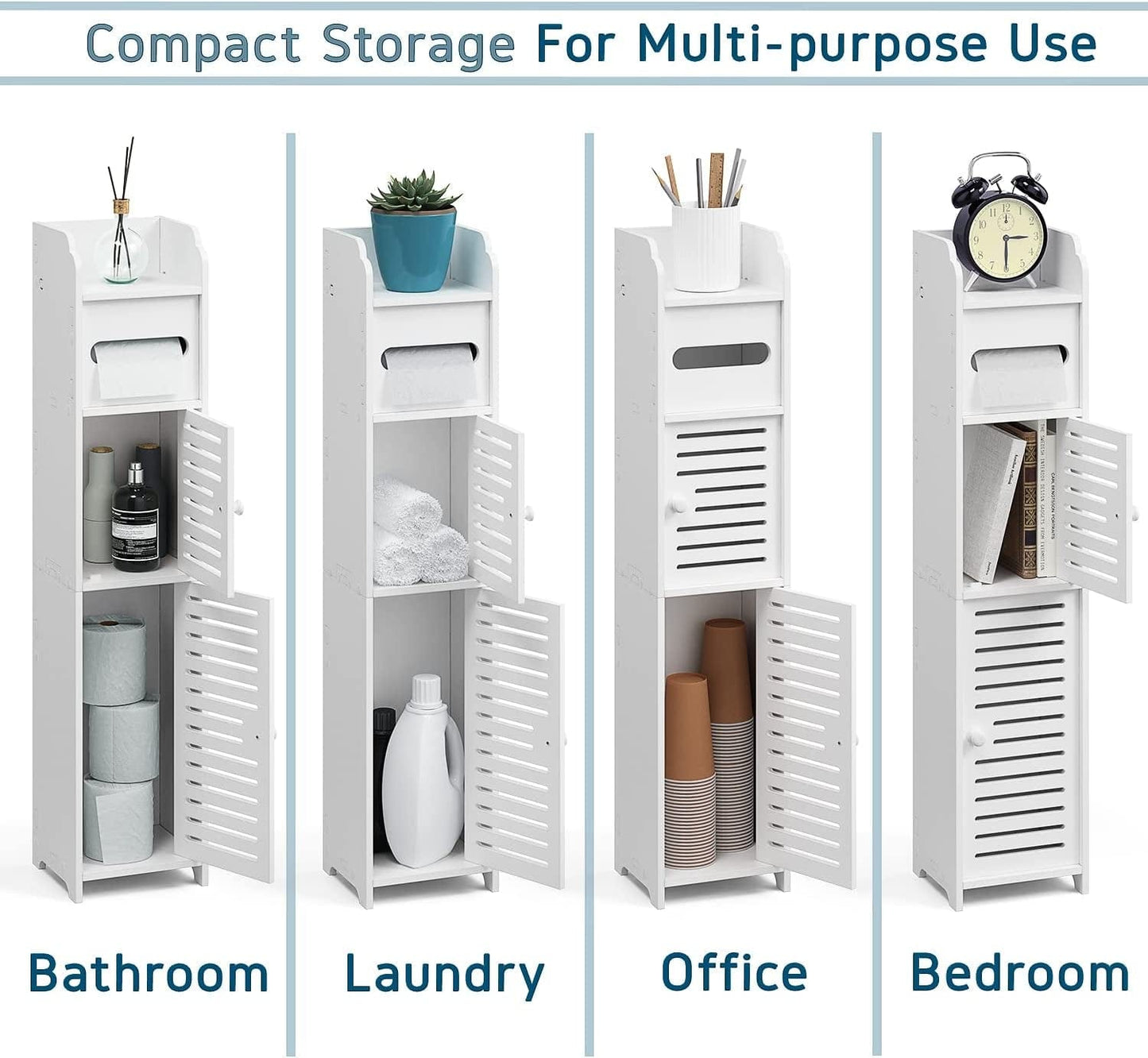 Storagebud Bathroom Storage Organizer - Floor Standing with Shelves - Includes 2 Apothecary Jars - Tall Bathroom Storage Cabinet for Toilet Paper, Towel & Other Bathroom Storage Accessories - White