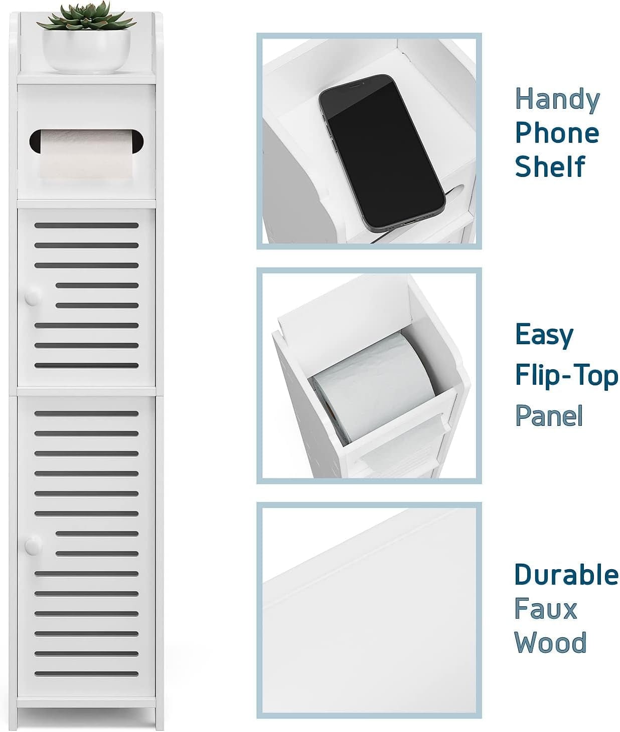 Storagebud Bathroom Storage Organizer - Floor Standing with Shelves - Includes 2 Apothecary Jars - Tall Bathroom Storage Cabinet for Toilet Paper, Towel & Other Bathroom Storage Accessories - White