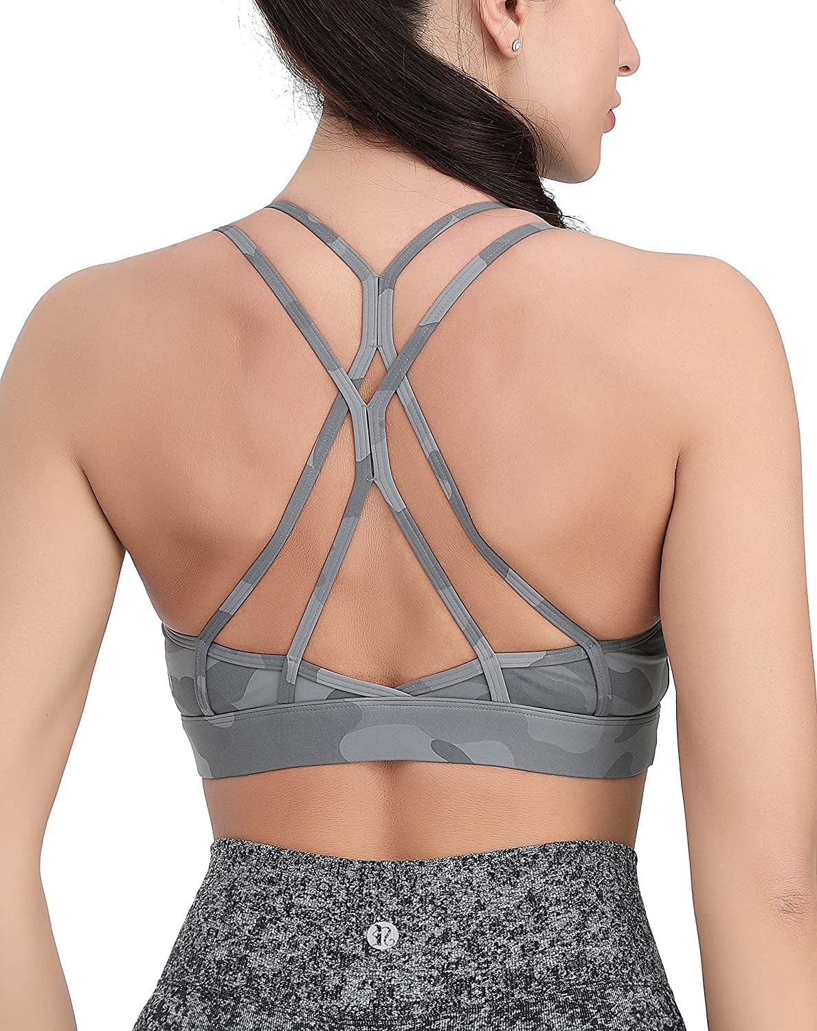 Strappy Sports Bra for Women Sexy Crisscross Back Light Support Yoga Bra with Removable Cups Camouflage Grey / Large