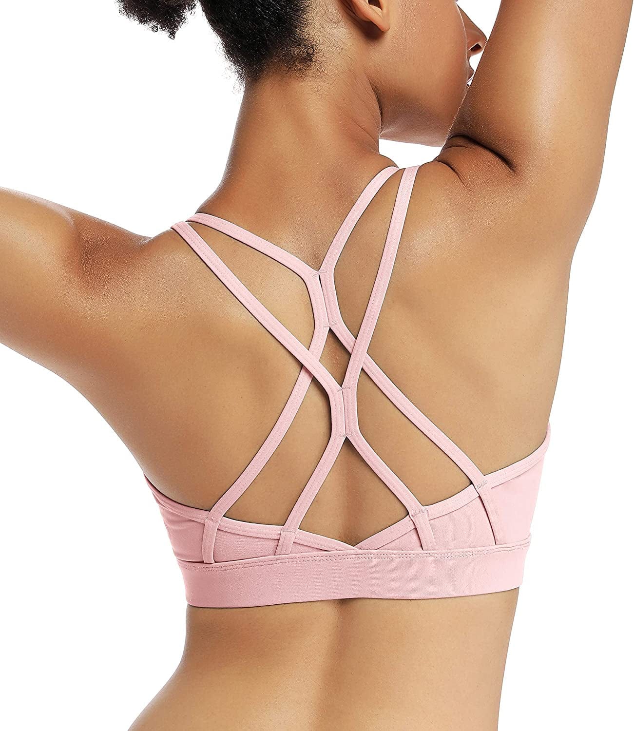 Strappy Sports Bra for Women Sexy Crisscross Back Light Support Yoga Bra with Removable Cups Pink / Medium