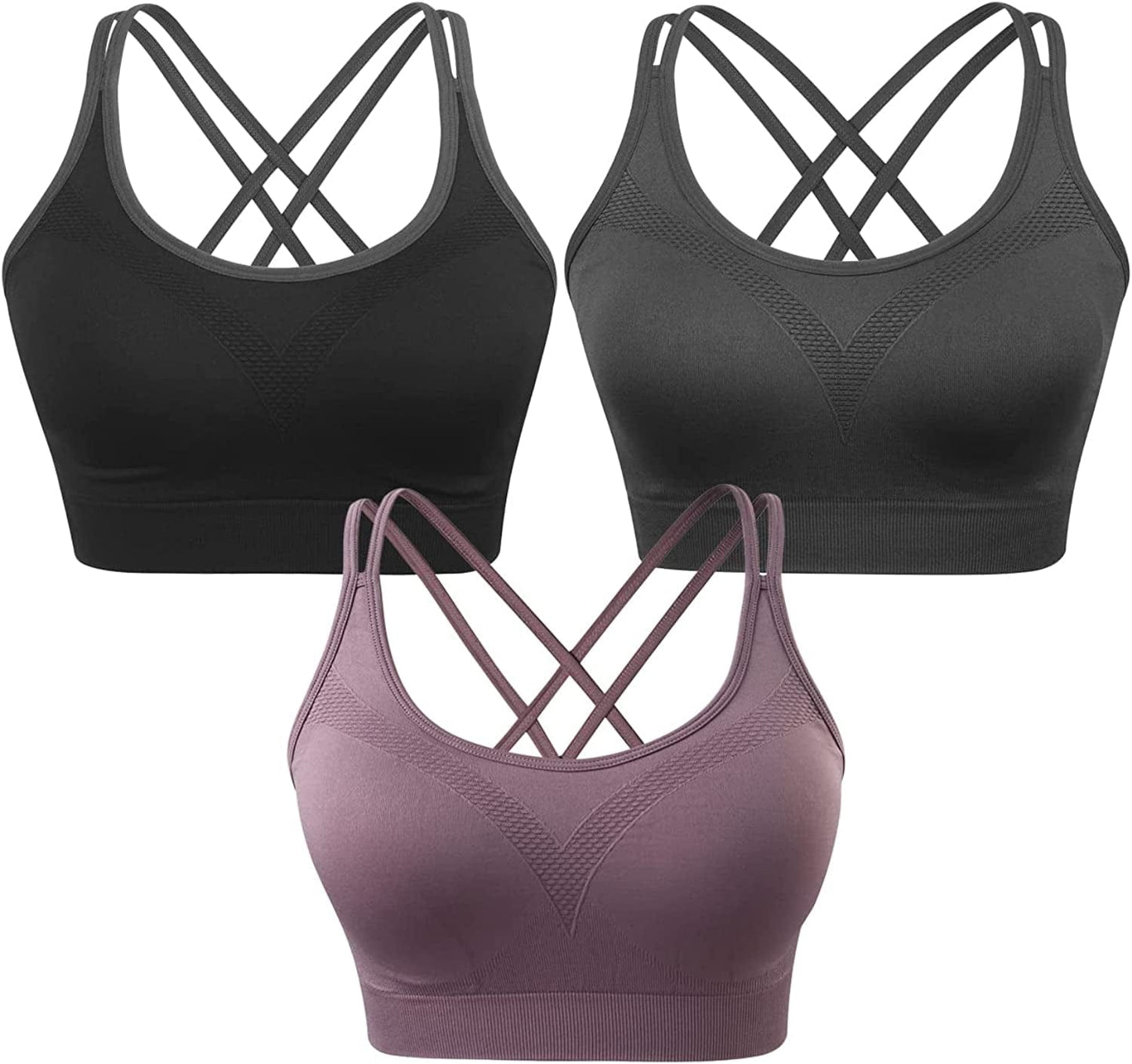 Strappy Women'S Sports Bra Cross Back Tops for Running Fitness Removable Padded Workout Yoga Bras 3pack(black+gray+purple) / X-Large