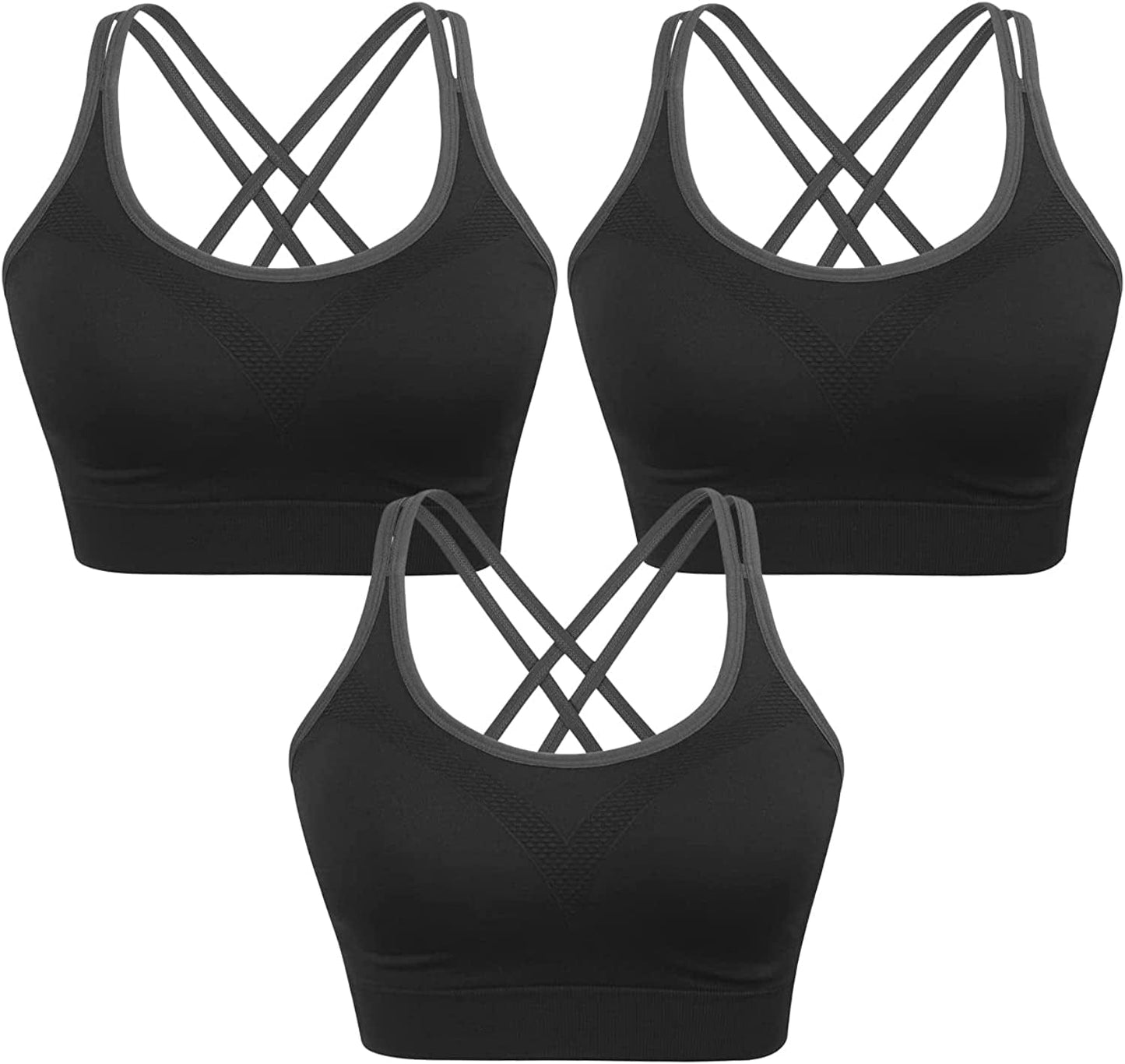Strappy Women'S Sports Bra Cross Back Tops for Running Fitness Removable Padded Workout Yoga Bras 3pack(black+black+black) / X-Large