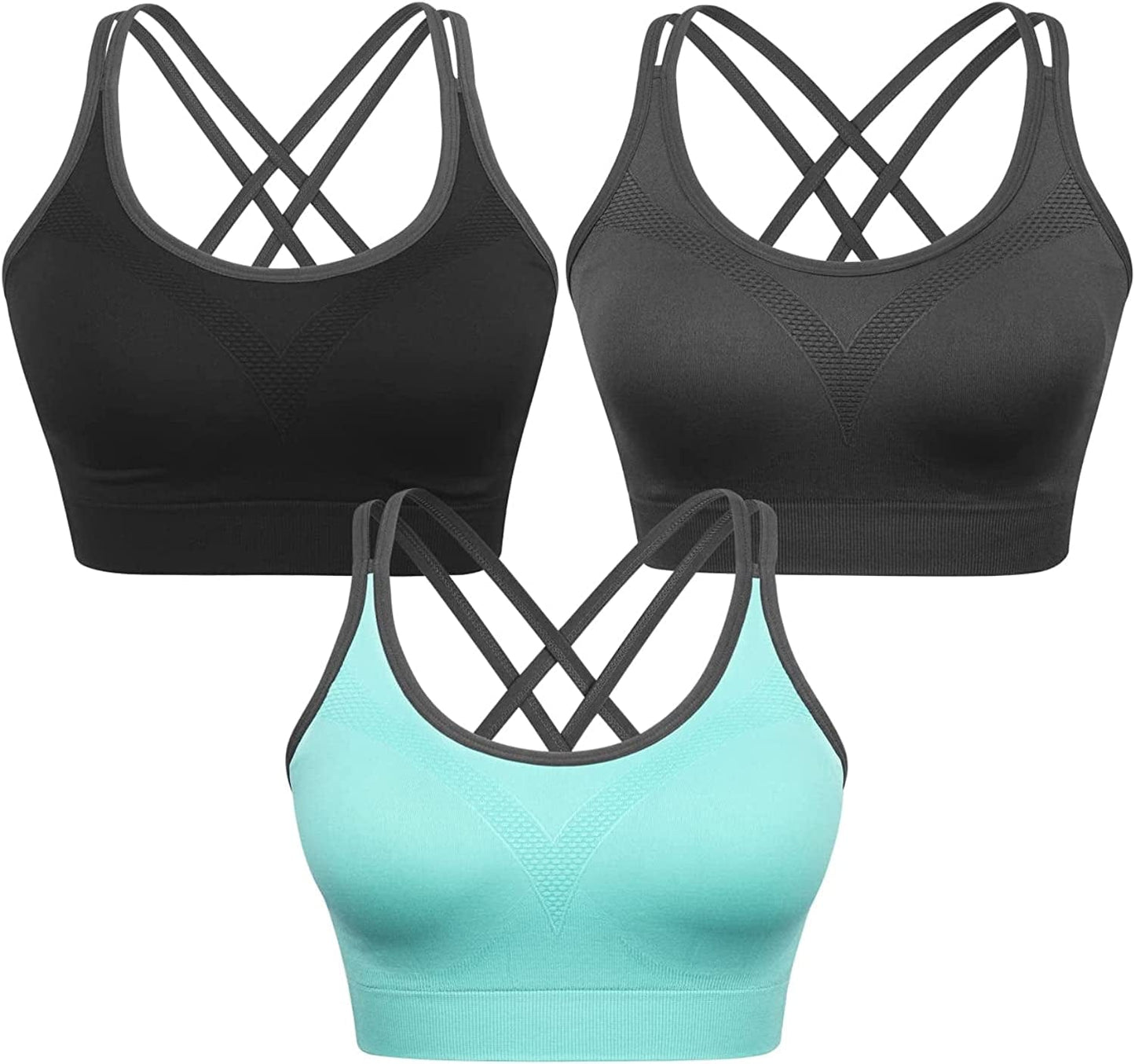 Strappy Women'S Sports Bra Cross Back Tops for Running Fitness Removable Padded Workout Yoga Bras A-3pack(black+gray+blue) / Medium