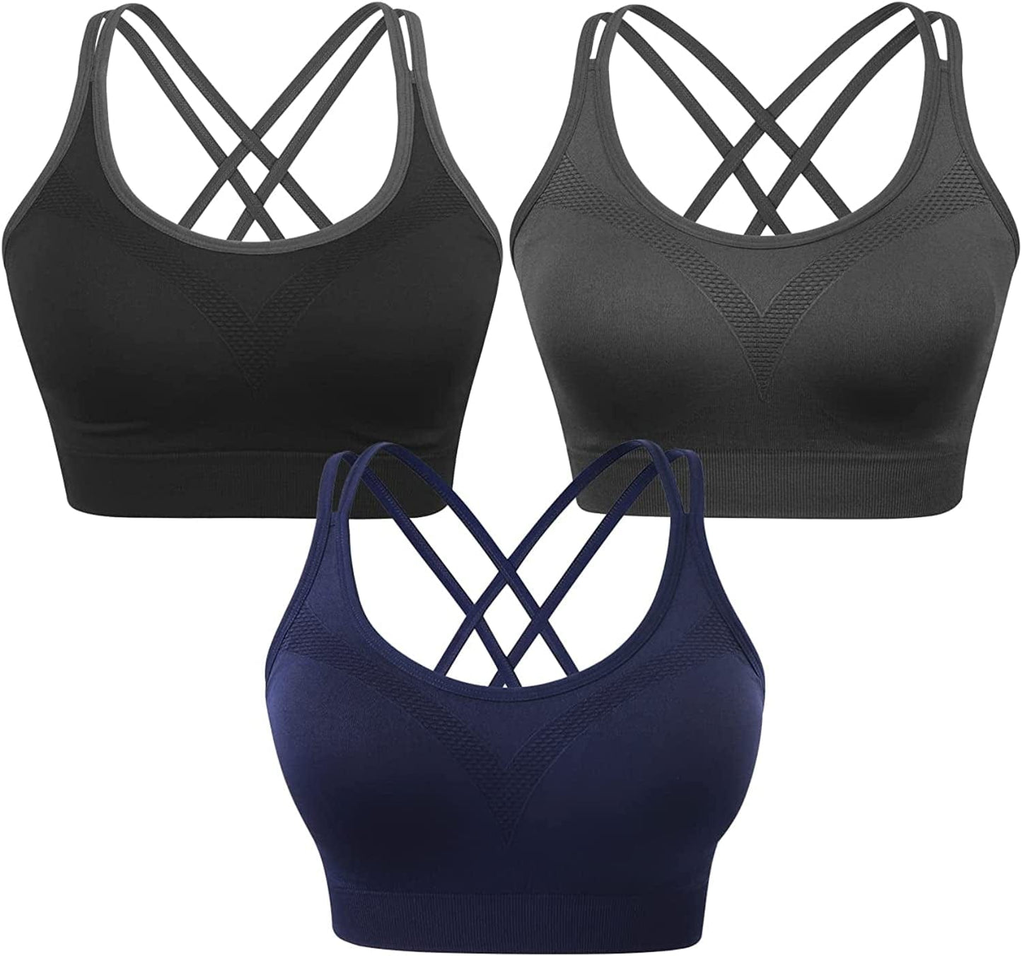 Strappy Women'S Sports Bra Cross Back Tops for Running Fitness Removable Padded Workout Yoga Bras 3pack(black+gray+navy) / Medium