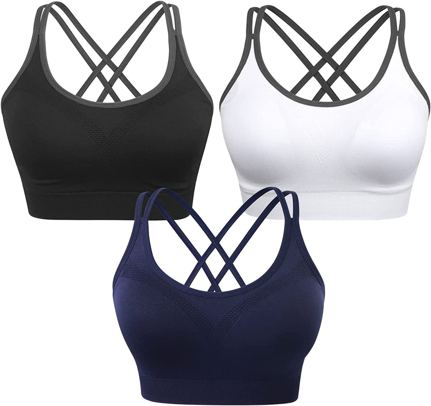 Strappy Women'S Sports Bra Cross Back Tops for Running Fitness Removable Padded Workout Yoga Bras 3pack(black+white+navy) / Medium