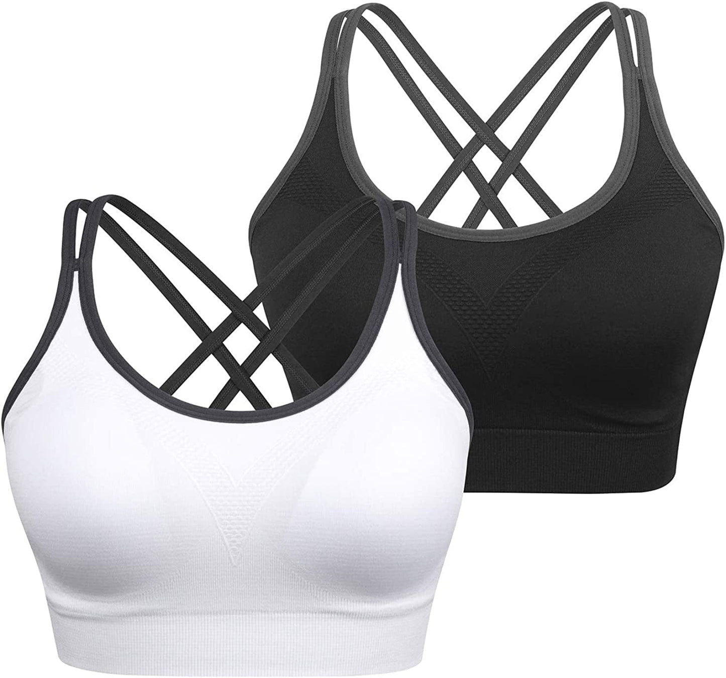 Strappy Women'S Sports Bra Cross Back Tops for Running Fitness Removable Padded Workout Yoga Bras 2pack(black+white) / Medium