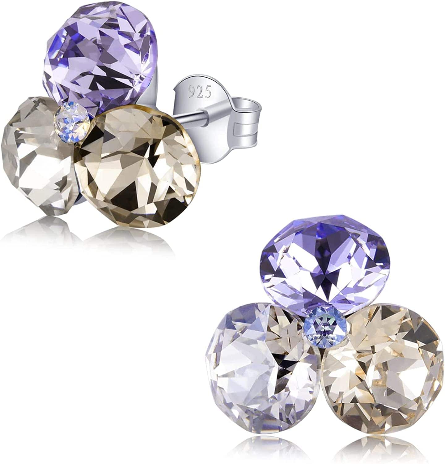 Stud Earrings for Women – with 4 Swarovski Crystals and 925 Sterling Silver – Gift for Mom and Allergy-Free, Pink/Blue/Purple/Green/Clear Orchid