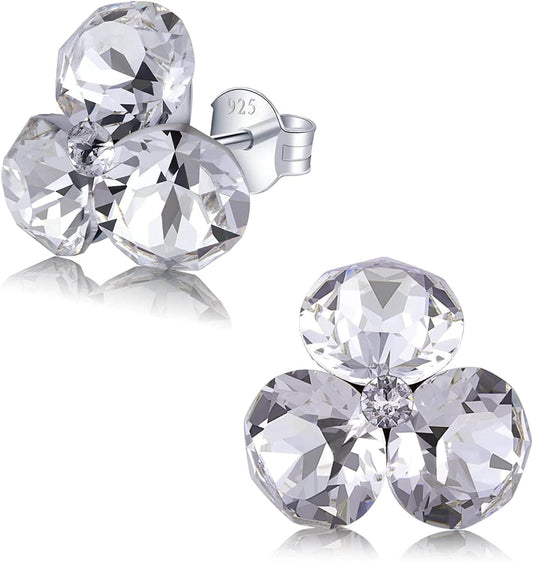 Stud Earrings for Women – with 4 Swarovski Crystals and 925 Sterling Silver – Gift for Mom and Allergy-Free, Pink/Blue/Purple/Green/Clear Clear