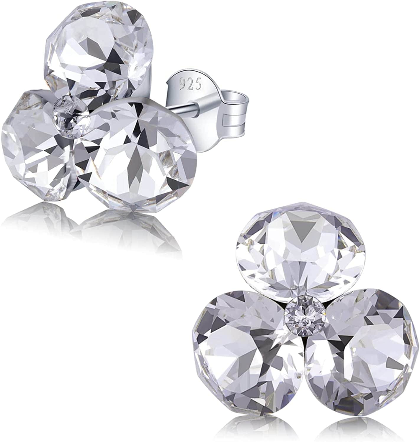 Stud Earrings for Women – with 4 Swarovski Crystals and 925 Sterling Silver – Gift for Mom and Allergy-Free, Pink/Blue/Purple/Green/Clear Clear