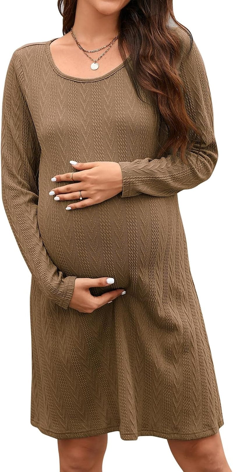 STYLEWORD Women'S 2023 Fall Maternity Sweater Dresses Photoshoot Long Sleeve Pullover Knit Casual Fashion Clothes Brown / X-Large