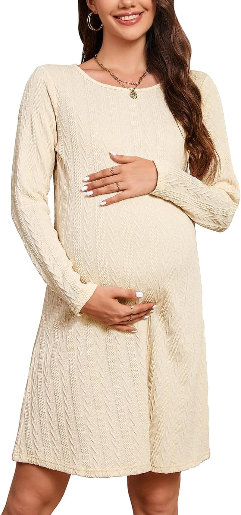 STYLEWORD Women'S 2023 Fall Maternity Sweater Dresses Photoshoot Long Sleeve Pullover Knit Casual Fashion Clothes Apricot / X-Large