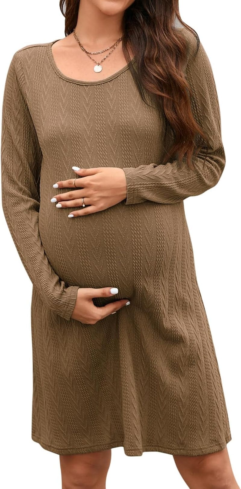 STYLEWORD Women'S 2023 Fall Maternity Sweater Dresses Photoshoot Long Sleeve Pullover Knit Casual Fashion Clothes Brown / Medium