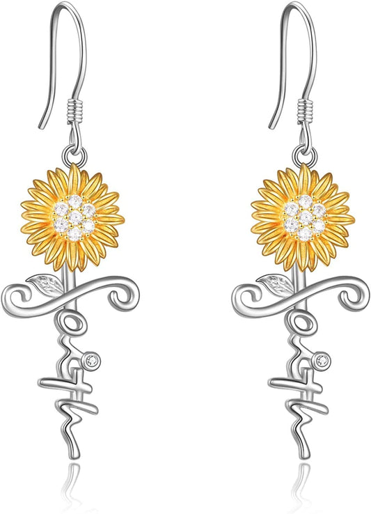Sunflower Jewelry 925 Sterling Silver Sunflower Dangle Drop Earrings for Women Girls 1-faith