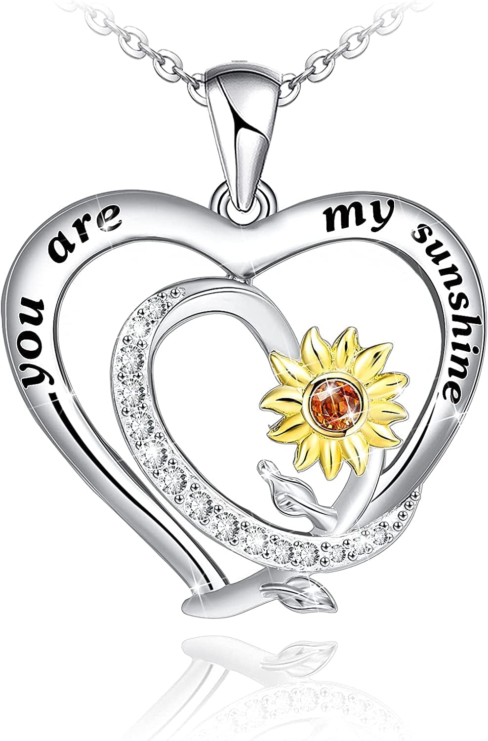 Sunflower Necklace for Women S925 Sterling Silver Heart Necklace Jewelry,You Are My Sunshine Pendant Necklaces Jewelry Gifts for Women Girls Mom Wife Sunflower with Double Necklace