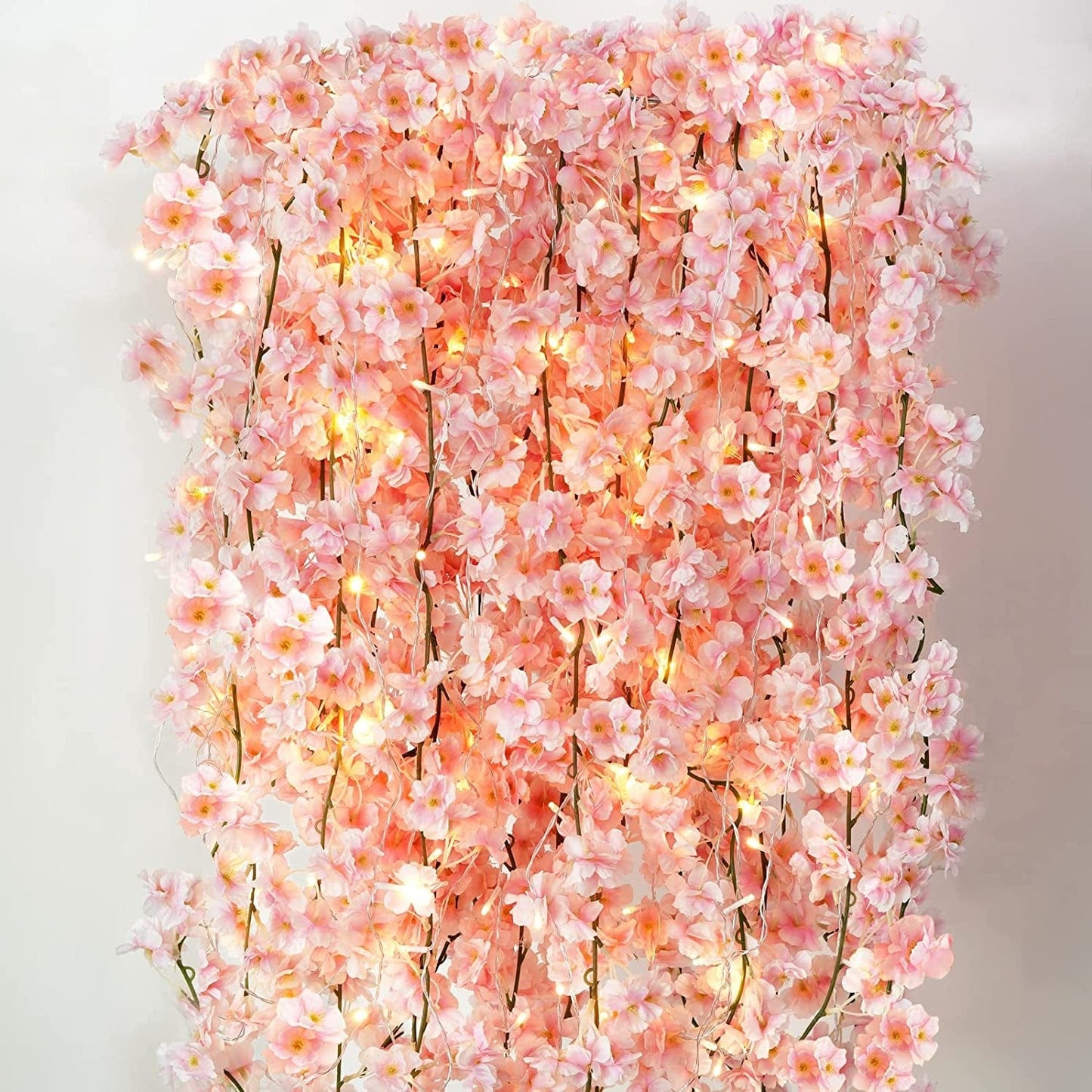 Sunm Boutique Cherry Blossom Garland 4-Pack 23.6 Ft Cherry Blossom Hanging Vine with 32.8 Ft Long 80 LED String Lights Silk Sakura Vines Garland for Wedding Party Decor, Pink
