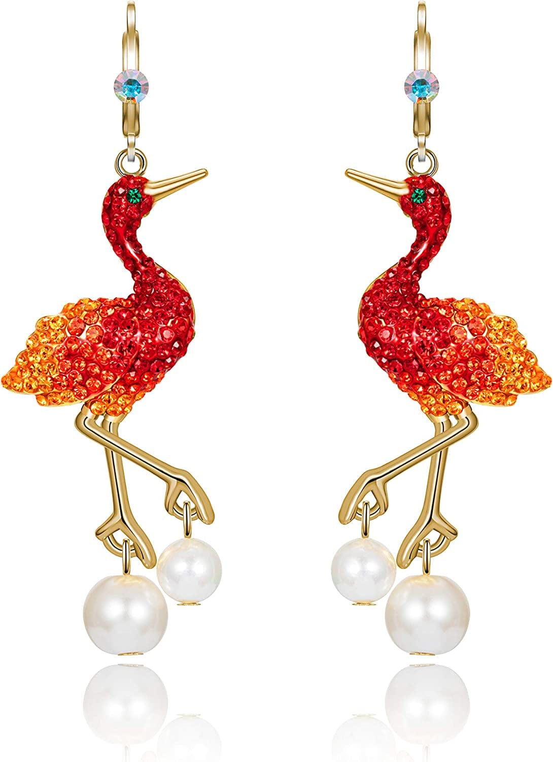 Superchic Elegant Crane Bird Hoop Earring with Austrian Crystals and Pearls/Elegant Crane Bird Pearl Necklace Pendant with Fine Chain for Wowen Girl Gift Party Red 2