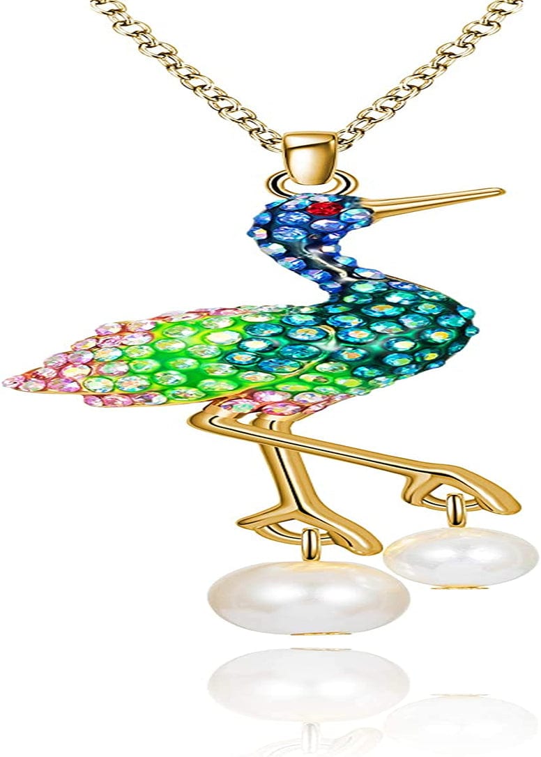Superchic Elegant Crane Bird Hoop Earring with Austrian Crystals and Pearls/Elegant Crane Bird Pearl Necklace Pendant with Fine Chain for Wowen Girl Gift Party Green