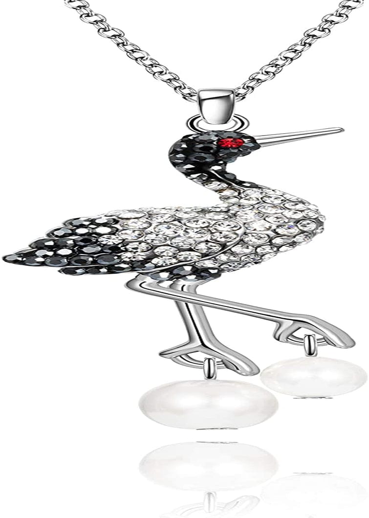 Superchic Elegant Crane Bird Hoop Earring with Austrian Crystals and Pearls/Elegant Crane Bird Pearl Necklace Pendant with Fine Chain for Wowen Girl Gift Party White