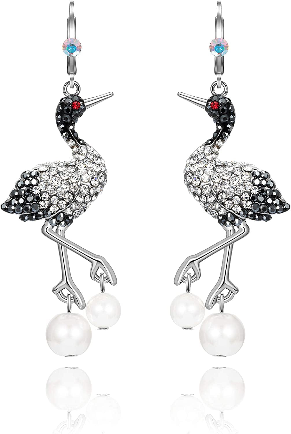 Superchic Elegant Crane Bird Hoop Earring with Austrian Crystals and Pearls/Elegant Crane Bird Pearl Necklace Pendant with Fine Chain for Wowen Girl Gift Party White 2