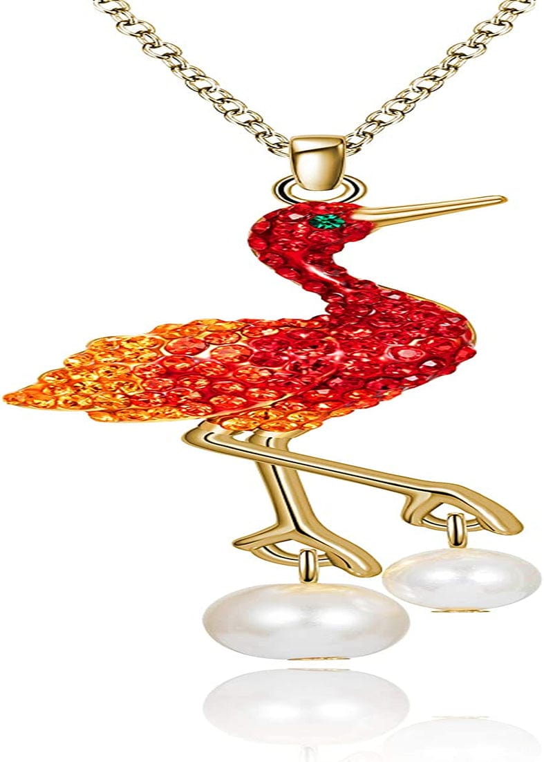 Superchic Elegant Crane Bird Hoop Earring with Austrian Crystals and Pearls/Elegant Crane Bird Pearl Necklace Pendant with Fine Chain for Wowen Girl Gift Party Red