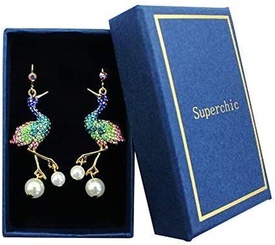 Superchic Elegant Crane Bird Hoop Earring with Austrian Crystals and Pearls/Elegant Crane Bird Pearl Necklace Pendant with Fine Chain for Wowen Girl Gift Party