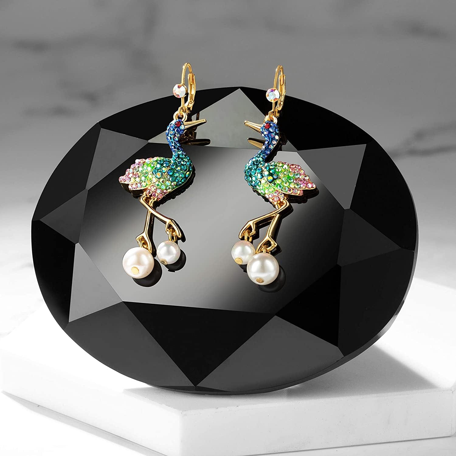 Superchic Elegant Crane Bird Hoop Earring with Austrian Crystals and Pearls/Elegant Crane Bird Pearl Necklace Pendant with Fine Chain for Wowen Girl Gift Party