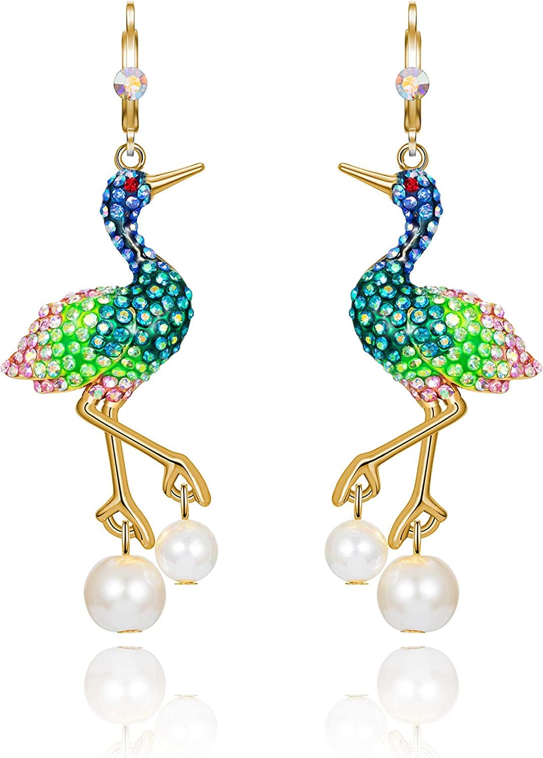 Superchic Elegant Crane Bird Hoop Earring with Austrian Crystals and Pearls/Elegant Crane Bird Pearl Necklace Pendant with Fine Chain for Wowen Girl Gift Party Green 2