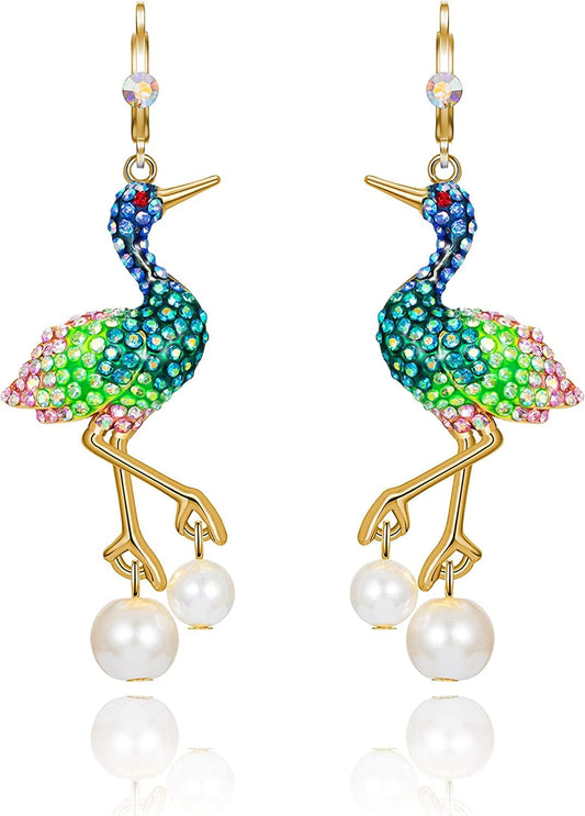 Superchic Elegant Crane Bird Hoop Earring with Austrian Crystals and Pearls/Elegant Crane Bird Pearl Necklace Pendant with Fine Chain for Wowen Girl Gift Party Green 2