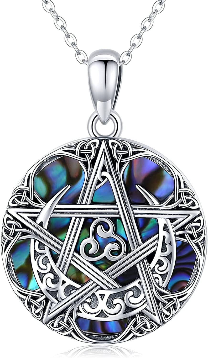 Swanwave Triple Moon Goddess/Pentagram Necklace Sterling Silver Pentacle Moon Celtic Knot Amulet Pendant Necklace for Women Men Abalone Shell Pentagram Necklace