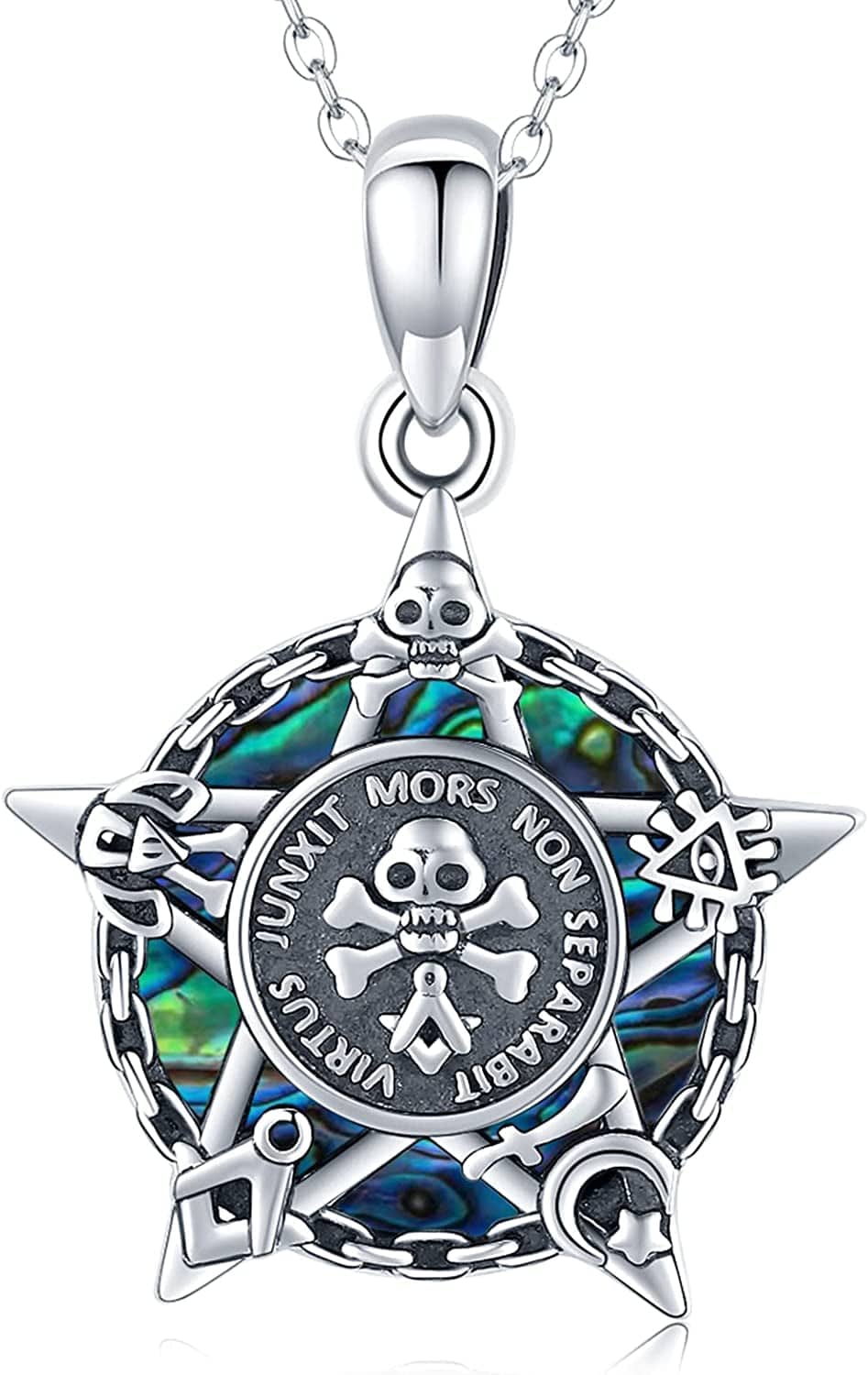 Swanwave Triple Moon Goddess/Pentagram Necklace Sterling Silver Pentacle Moon Celtic Knot Amulet Pendant Necklace for Women Men Abalone Shell Skull Head & Pentacle