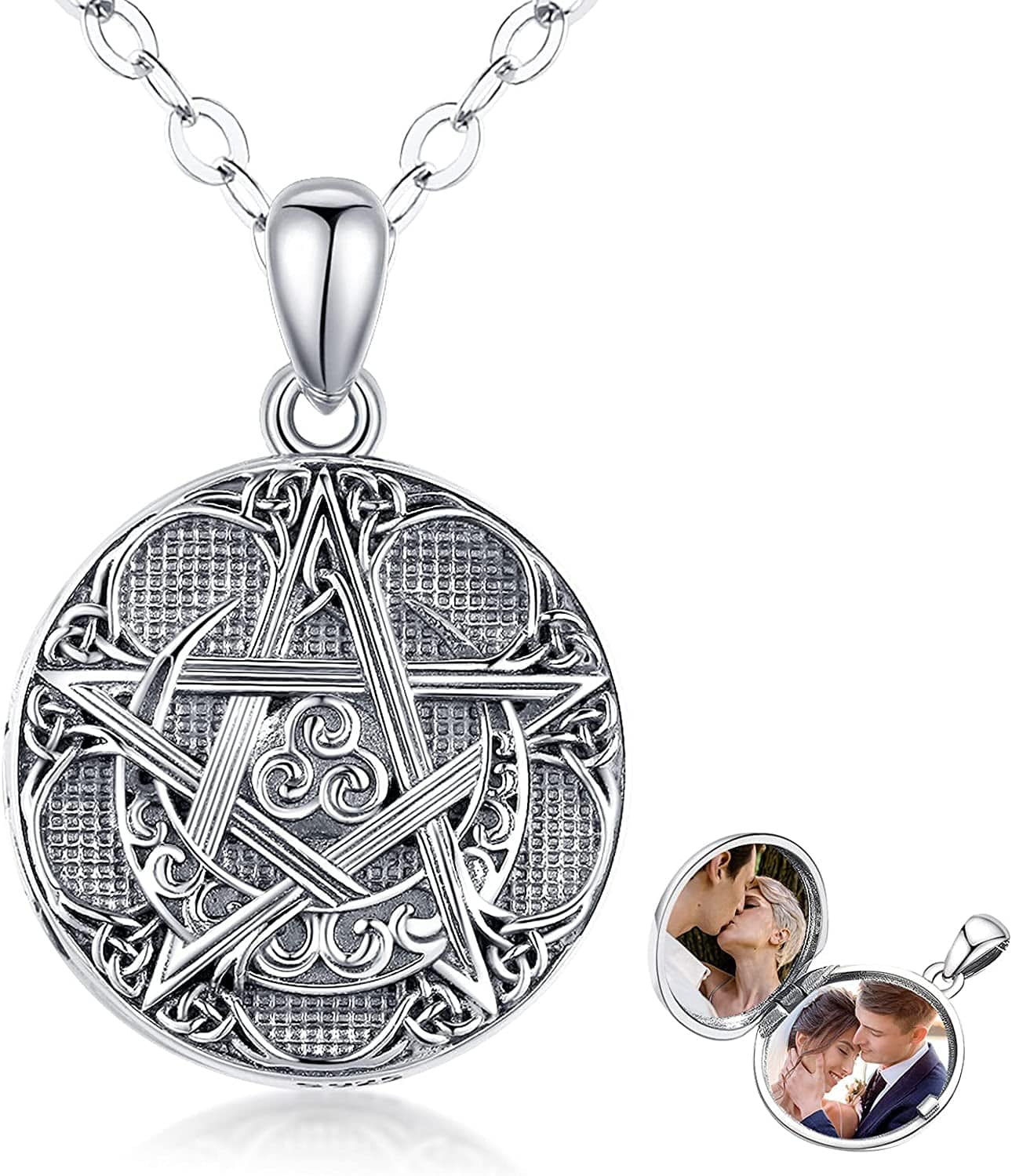 Swanwave Triple Moon Goddess/Pentagram Necklace Sterling Silver Pentacle Moon Celtic Knot Amulet Pendant Necklace for Women Men Pentagram Locket Necklace