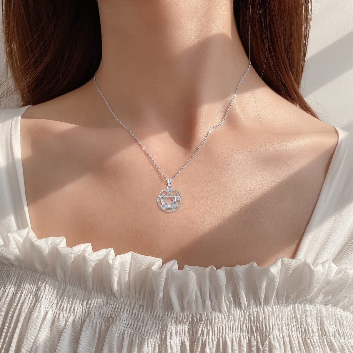 Swanwave Triple Moon Goddess/Pentagram Necklace Sterling Silver Pentacle Moon Celtic Knot Amulet Pendant Necklace for Women Men