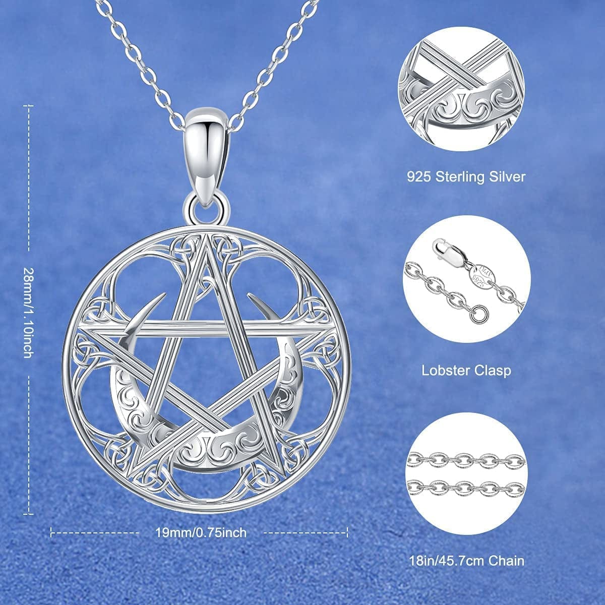 Swanwave Triple Moon Goddess/Pentagram Necklace Sterling Silver Pentacle Moon Celtic Knot Amulet Pendant Necklace for Women Men
