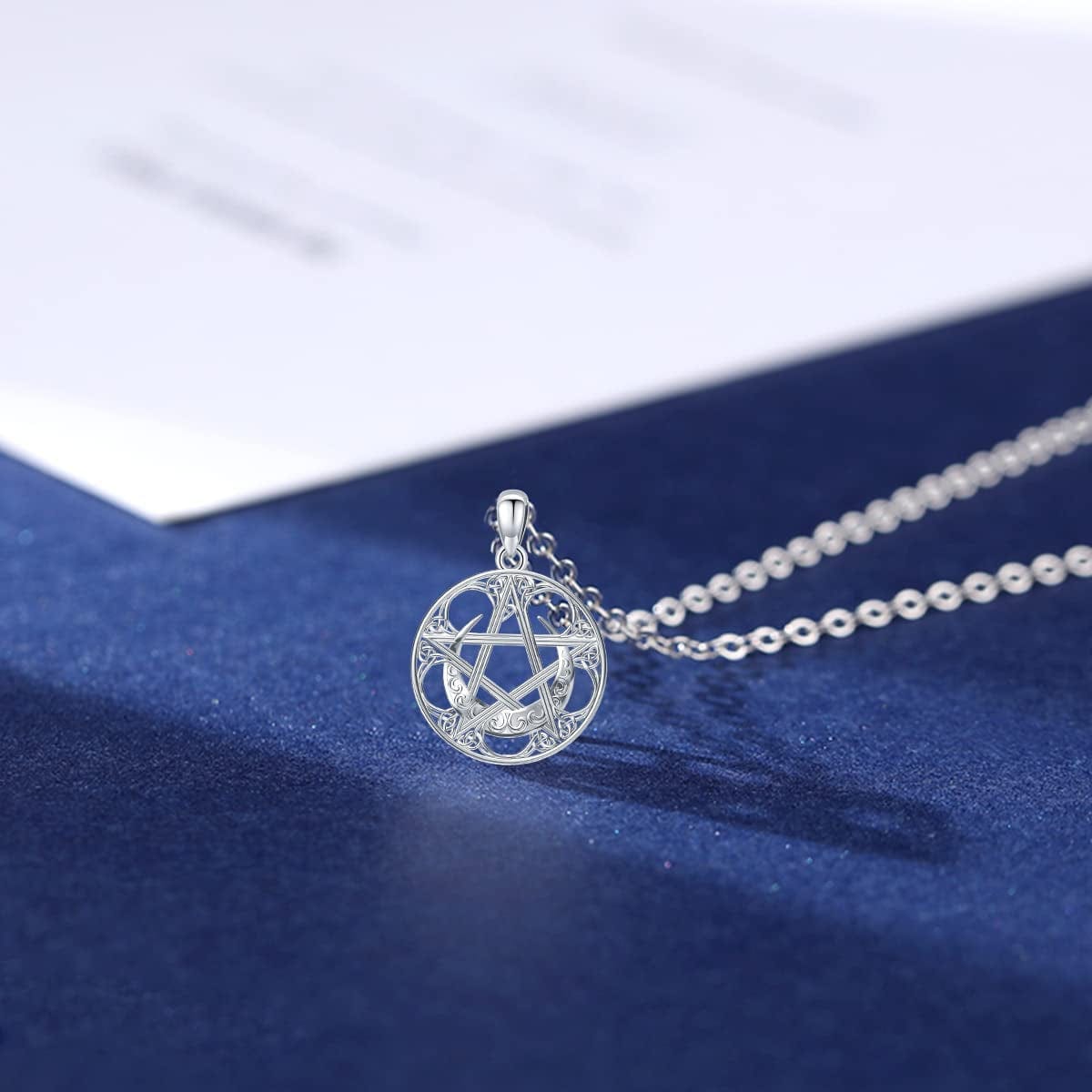 Swanwave Triple Moon Goddess/Pentagram Necklace Sterling Silver Pentacle Moon Celtic Knot Amulet Pendant Necklace for Women Men